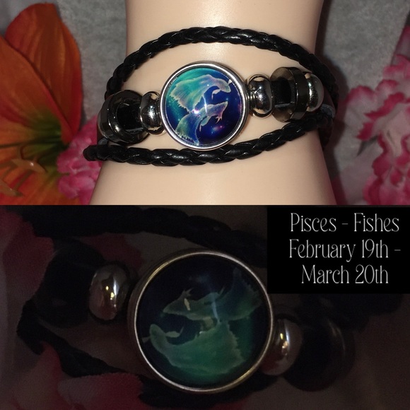 Glowing Pisces Fish Zodiac Sign Leather Wristband - Picture 3 of 4